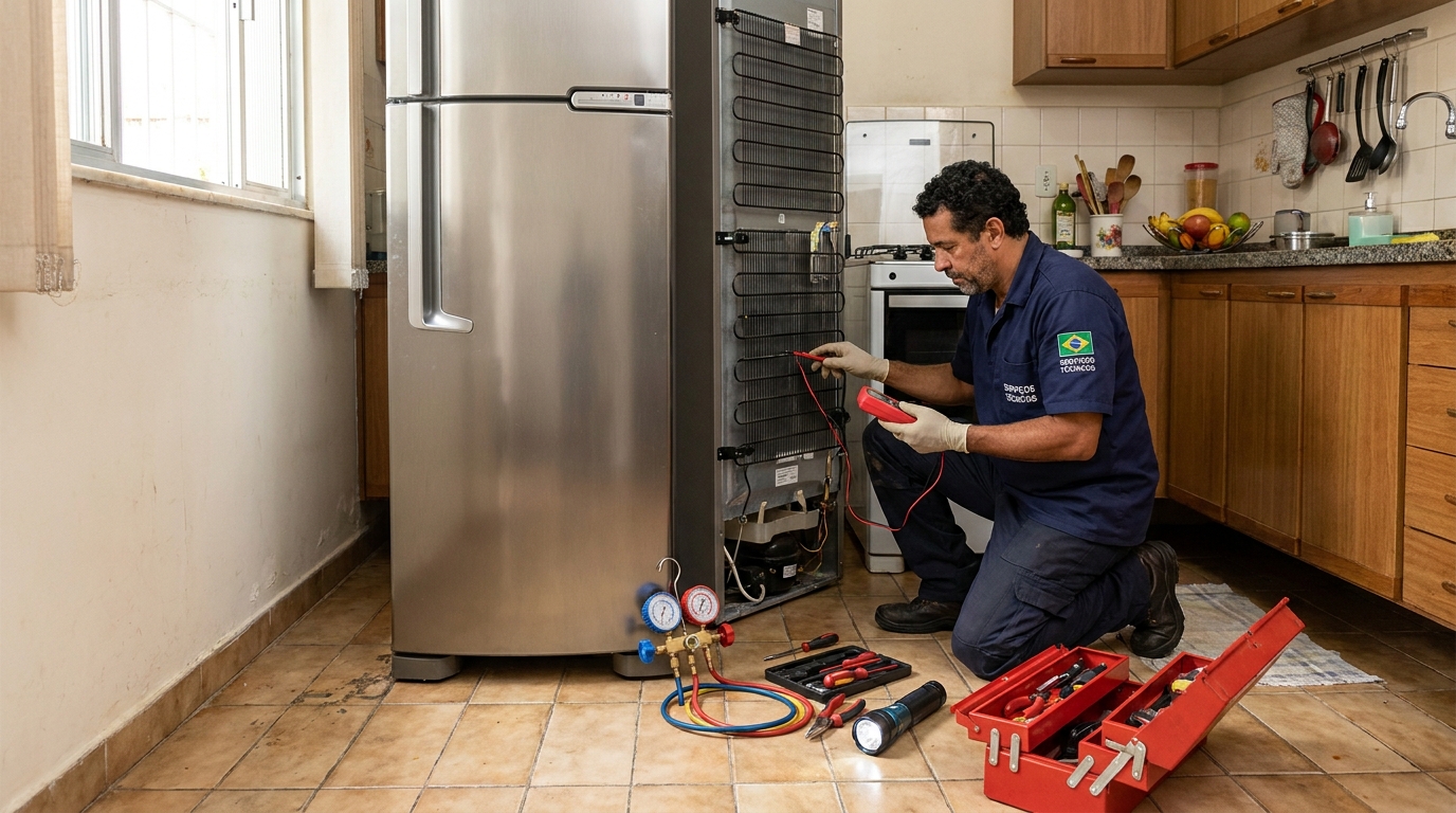 Técnico realizando manutenção de motor de geladeira em Viamão‑RS