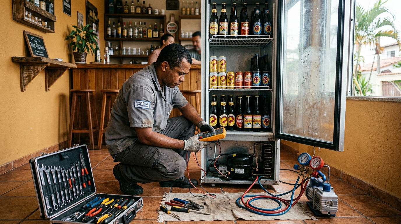 Troca de termostato de cervejeira em atendimento técnico em Viamão‑RS